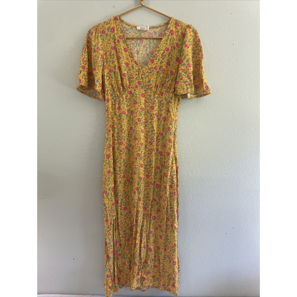 Finery Happy Yellow Micro Pink Flora  V Neck Midi Flutter Sleeve Dress UK 8 US 6